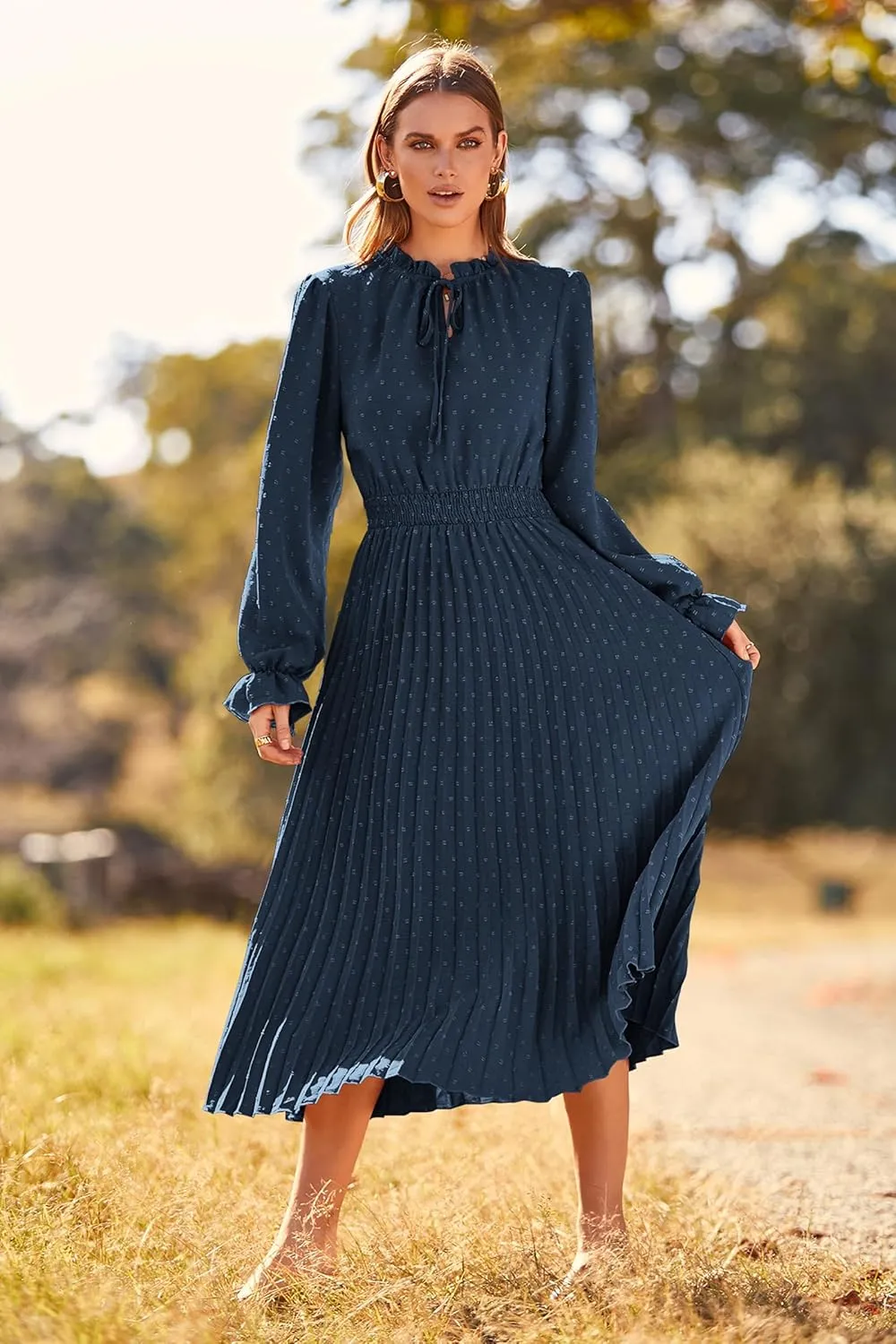 PRETTYGARDEN Women's 2025 Spring Fall Midi Dress Casual Long Sleeve V Neck Swiss Dot Pleated A Line Flowy Dresses