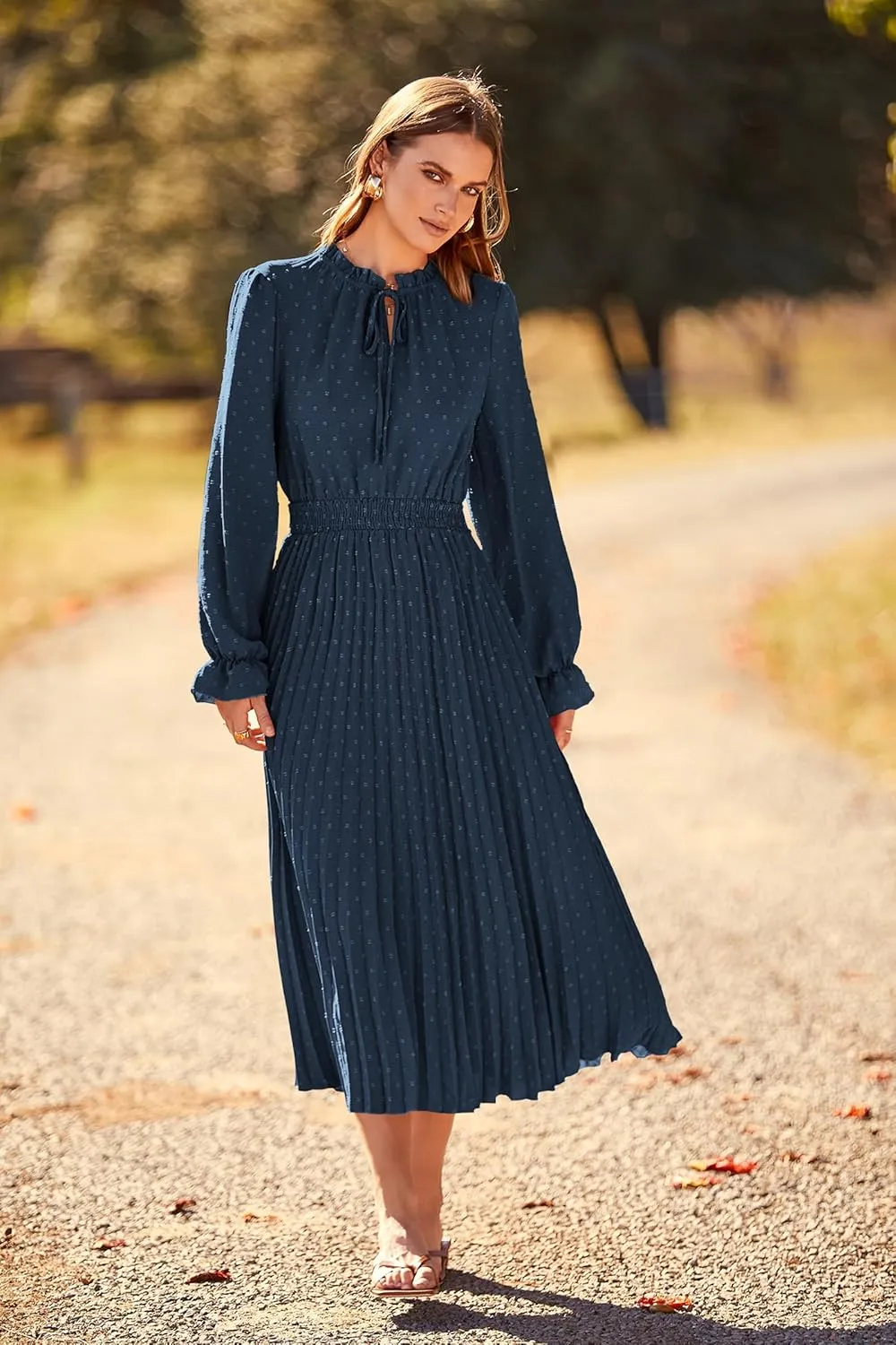 PRETTYGARDEN Women's 2025 Spring Fall Midi Dress Casual Long Sleeve V Neck Swiss Dot Pleated A Line Flowy Dresses