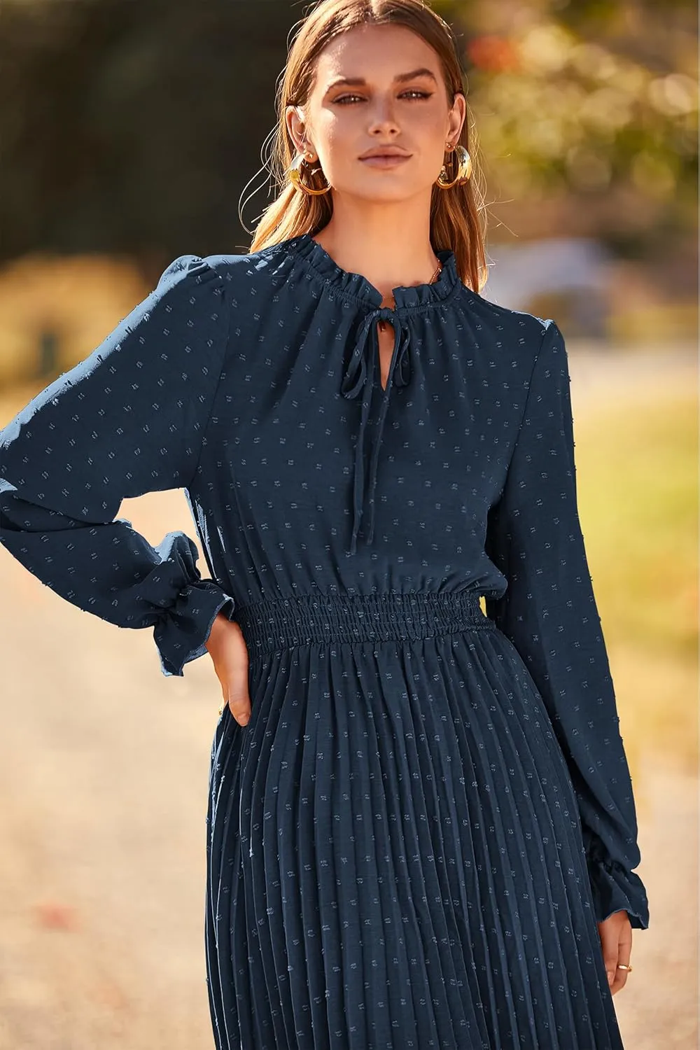 PRETTYGARDEN Women's 2025 Spring Fall Midi Dress Casual Long Sleeve V Neck Swiss Dot Pleated A Line Flowy Dresses