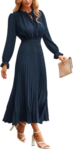 PRETTYGARDEN Women's 2025 Spring Fall Midi Dress Casual Long Sleeve V Neck Swiss Dot Pleated A Line Flowy Dresses