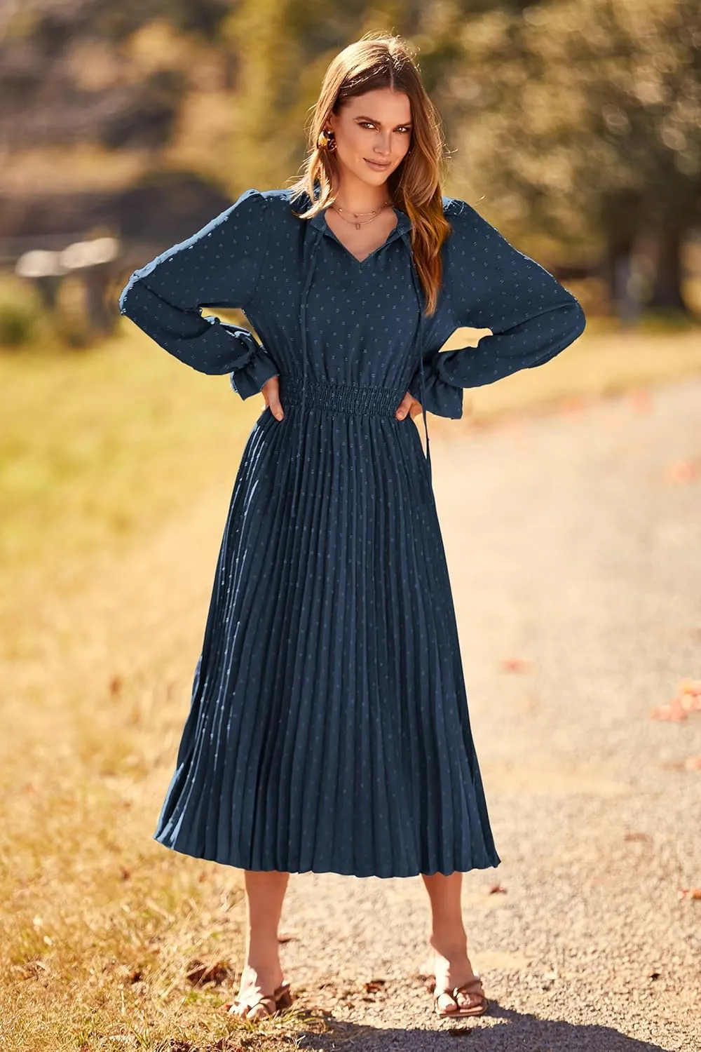 PRETTYGARDEN Women's 2025 Spring Fall Midi Dress Casual Long Sleeve V Neck Swiss Dot Pleated A Line Flowy Dresses