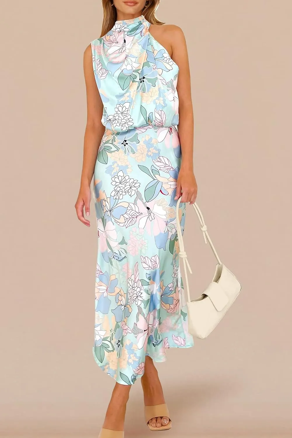 PRETTYGARDEN Women's 2025 Summer Satin Dress Elegant Sleeveless Mock Neck Cocktail Party Maxi Dresses