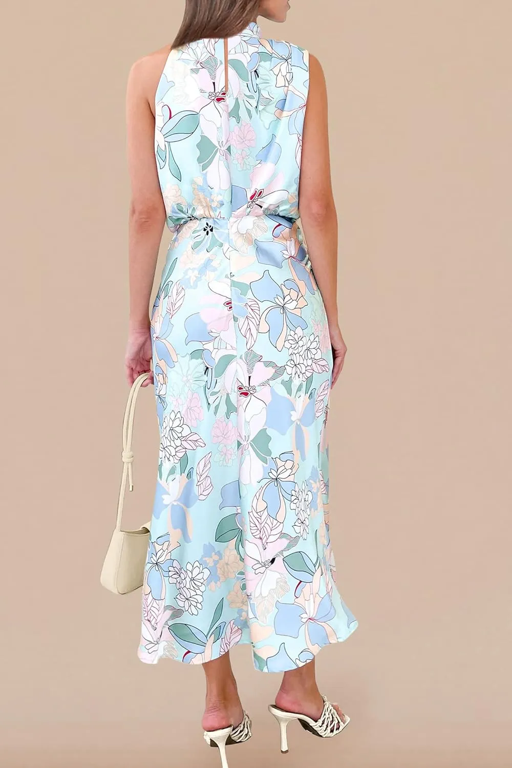 PRETTYGARDEN Women's 2025 Summer Satin Dress Elegant Sleeveless Mock Neck Cocktail Party Maxi Dresses