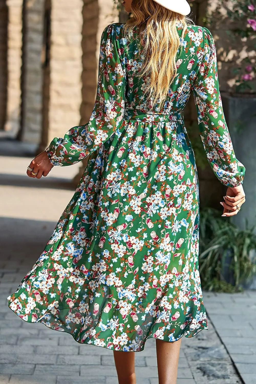 PRETTYGARDEN Women's Floral Print Boho Dress Long Sleeve Wrap V Neck Ruffle Belted A-Line Flowy Maxi Dresses