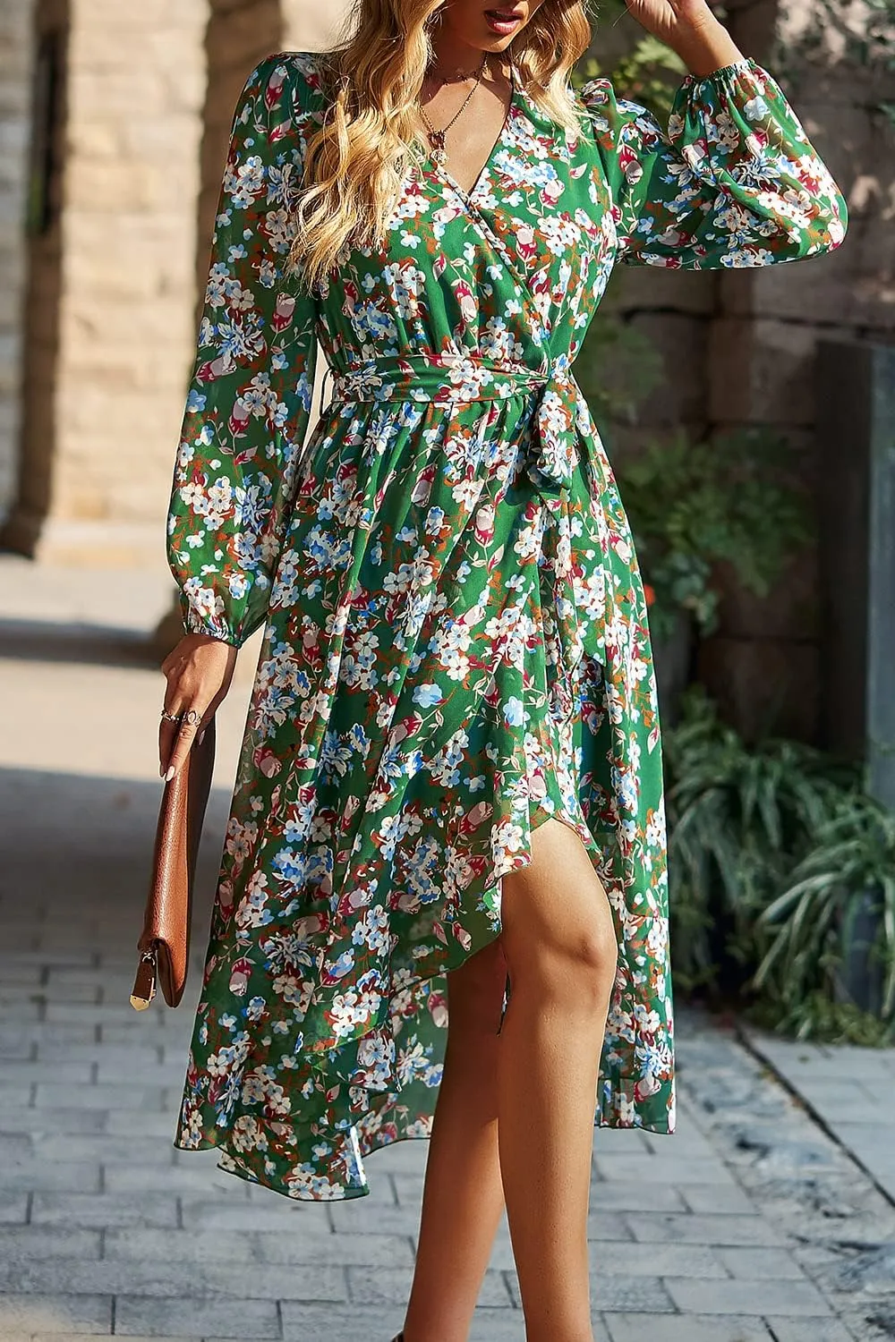 PRETTYGARDEN Women's Floral Print Boho Dress Long Sleeve Wrap V Neck Ruffle Belted A-Line Flowy Maxi Dresses