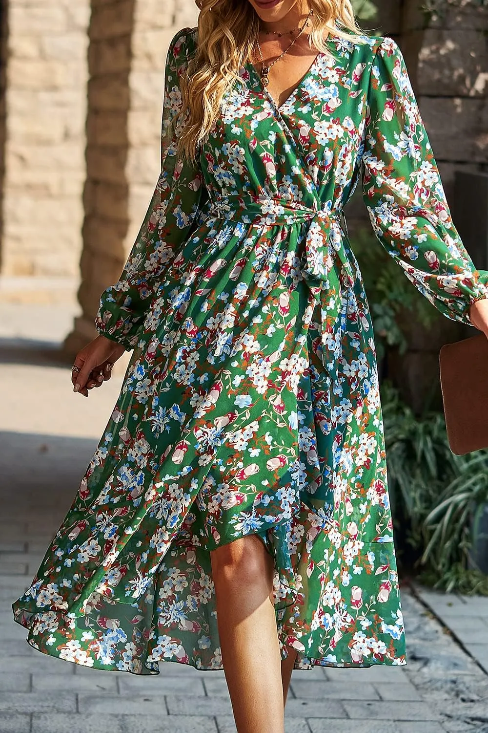 PRETTYGARDEN Women's Floral Print Boho Dress Long Sleeve Wrap V Neck Ruffle Belted A-Line Flowy Maxi Dresses