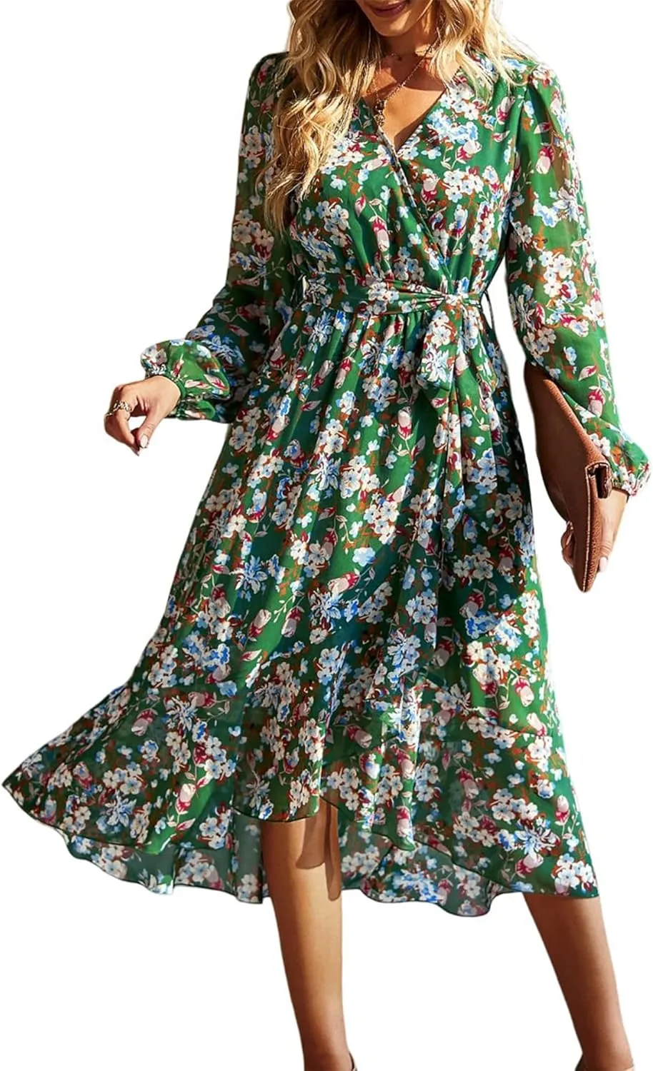 PRETTYGARDEN Women's Floral Print Boho Dress Long Sleeve Wrap V Neck Ruffle Belted A-Line Flowy Maxi Dresses