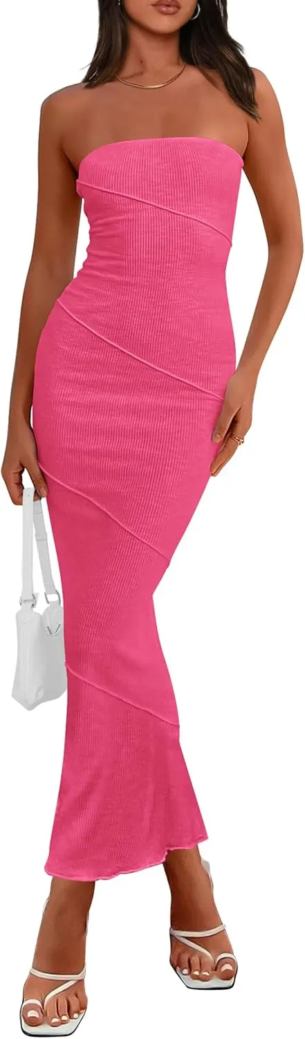PRETTYGARDEN Women's Ribbed Maxi Bodycon Dress Summer Strapless Tube Y2K Party Club Long Dresses