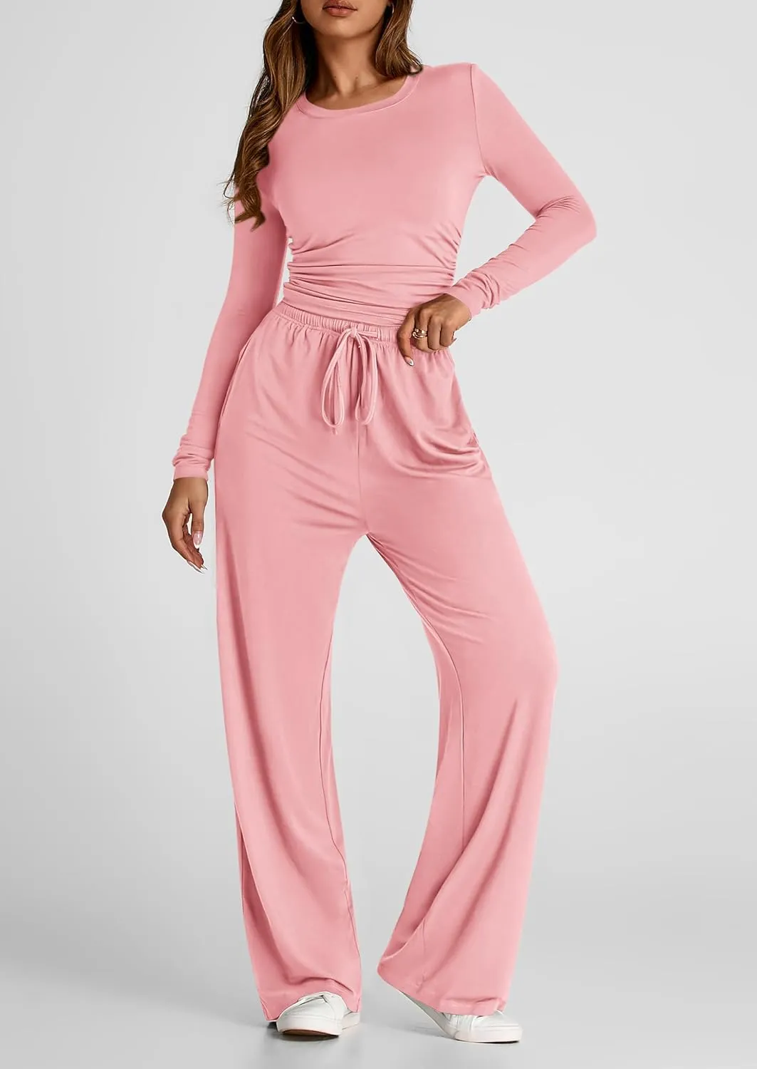 PRETTYGARDEN Women's Spring Fall Two Piece Outfits Tracksuits Long Sleeve Crop Tee Shirts Wide Leg Pants Matching Lounge Sets