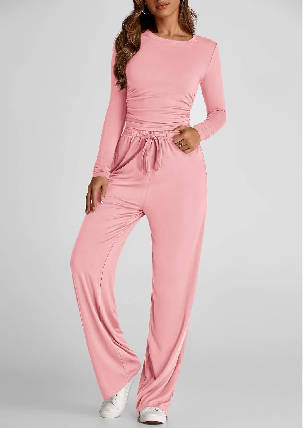 PRETTYGARDEN Women's Spring Fall Two Piece Outfits Tracksuits Long Sleeve Crop Tee Shirts Wide Leg Pants Matching Lounge Sets