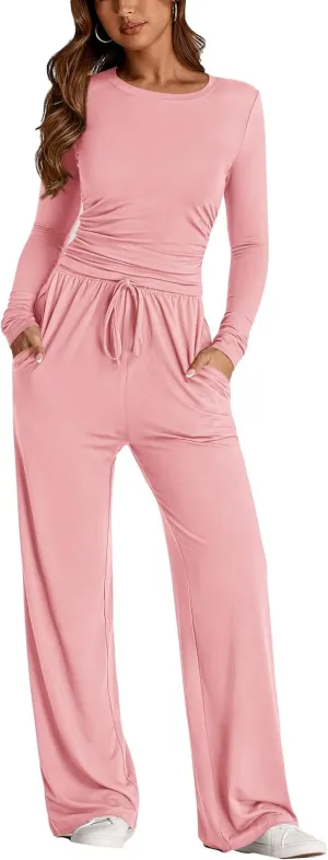PRETTYGARDEN Women's Spring Fall Two Piece Outfits Tracksuits Long Sleeve Crop Tee Shirts Wide Leg Pants Matching Lounge Sets