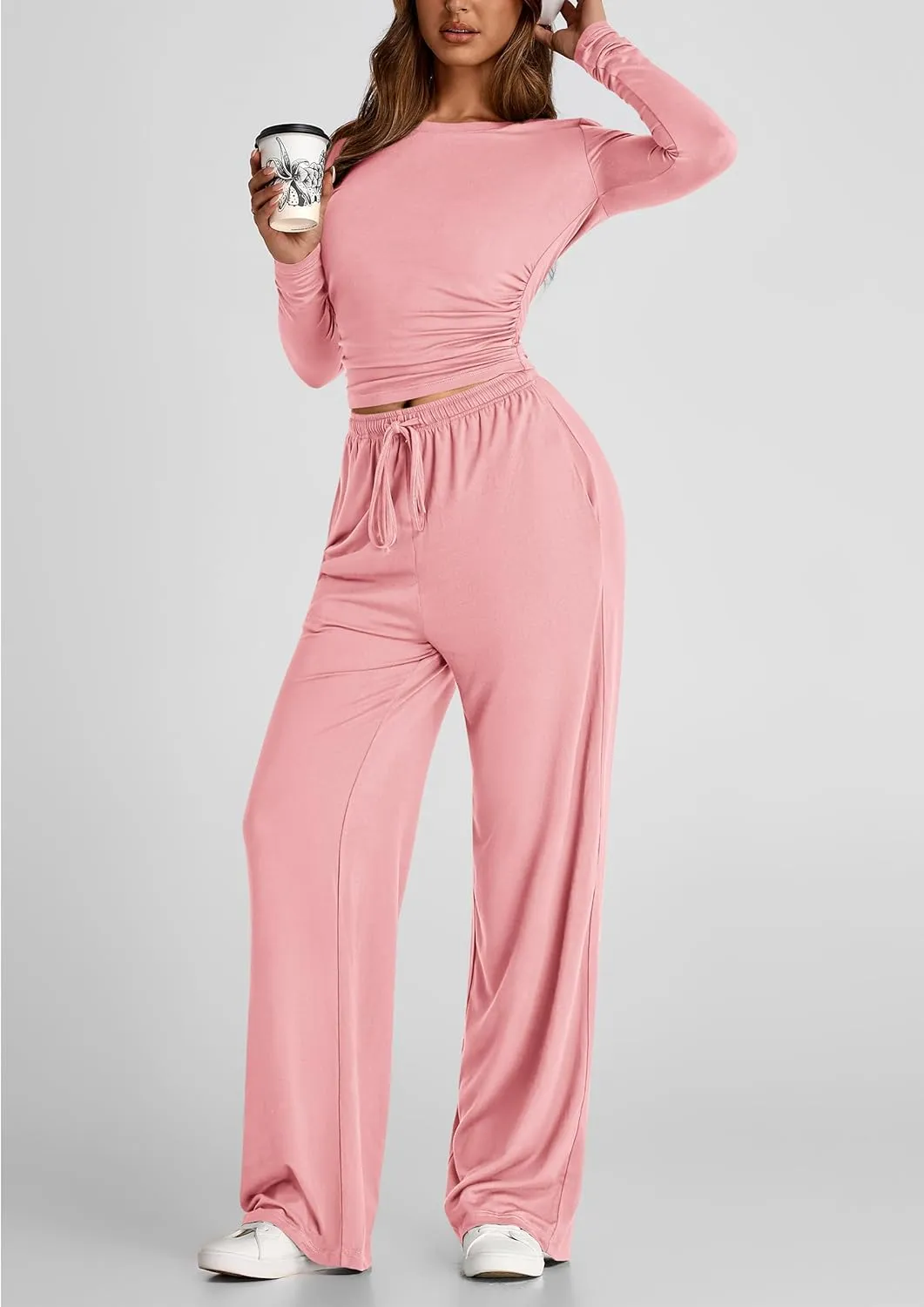 PRETTYGARDEN Women's Spring Fall Two Piece Outfits Tracksuits Long Sleeve Crop Tee Shirts Wide Leg Pants Matching Lounge Sets
