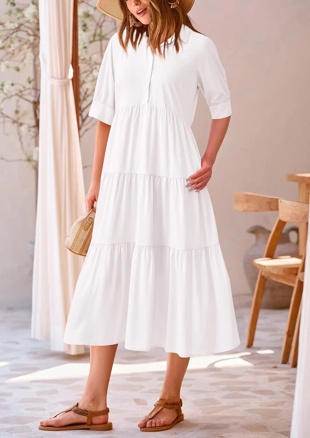 PRETTYGARDEN Women's Summer Beach Maxi Dress Short Sleeve Buttons Tiered Ruffle A Line Swing Dresses