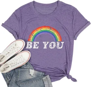 Pride Shirt Women Rainbow Graphic Tees Funny Be You Letter Print T Shirt LGBT Equality Shirts Casual Short Sleeve Tops