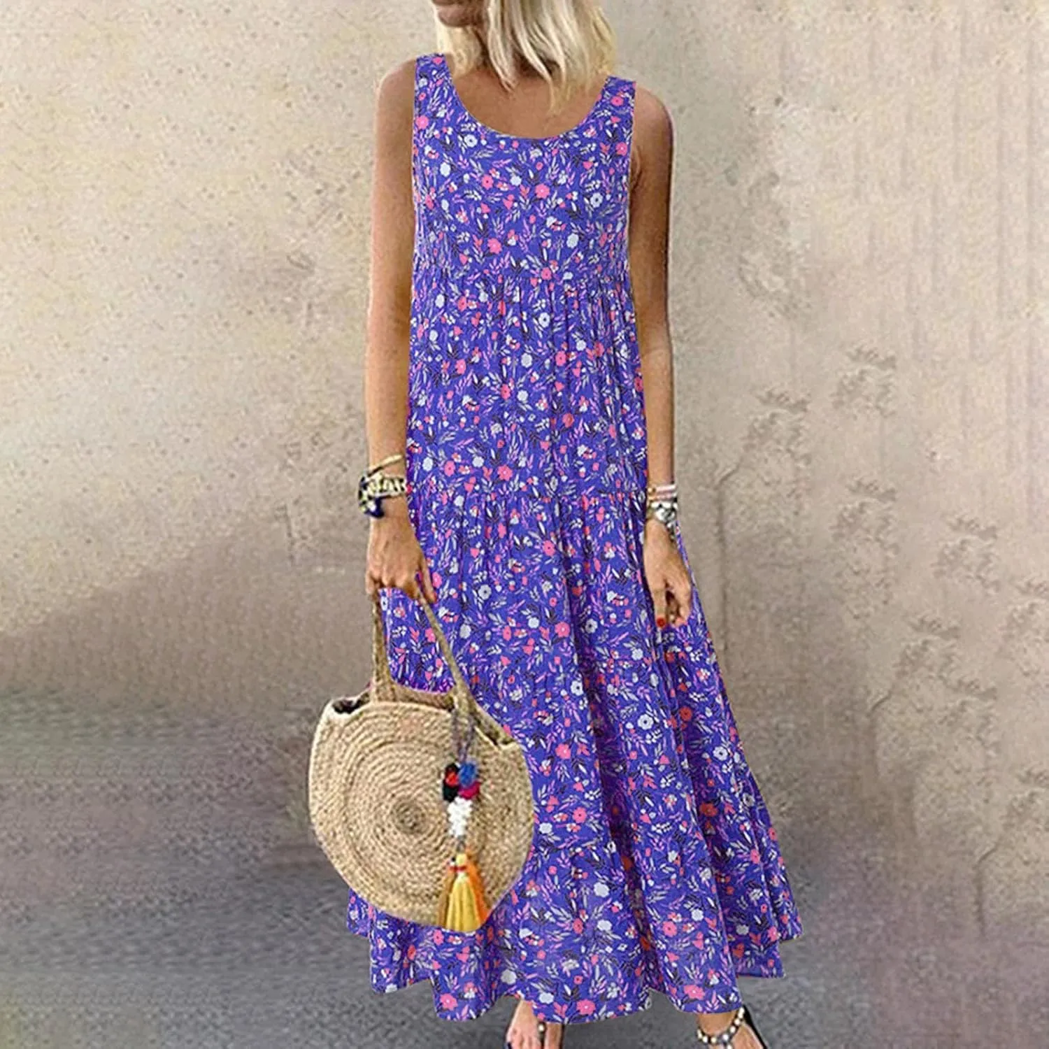 PTOLOCIF Sundresses for Women 2024, Summer Trendy Beach Dresses Floral Print Boho Dresses Casual Sleeveless Flowy Long Dress