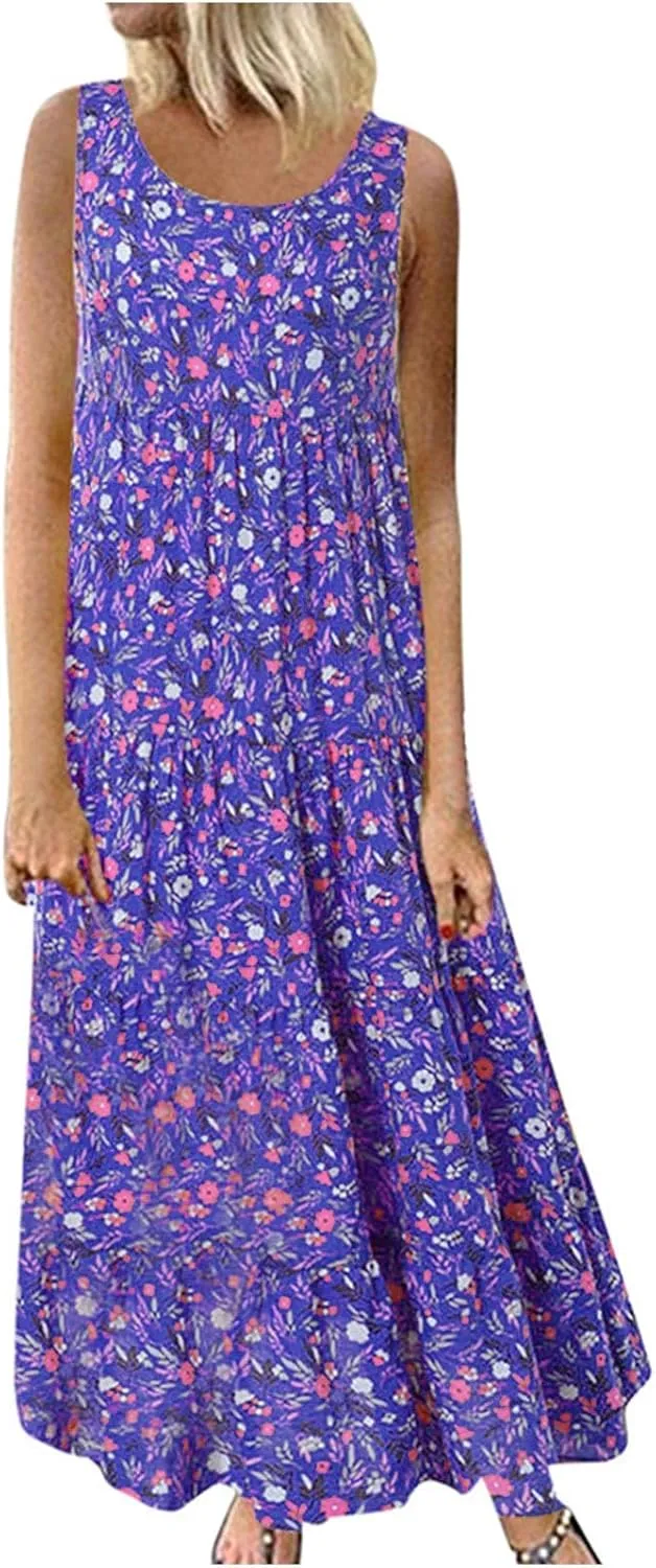 PTOLOCIF Sundresses for Women 2024, Summer Trendy Beach Dresses Floral Print Boho Dresses Casual Sleeveless Flowy Long Dress