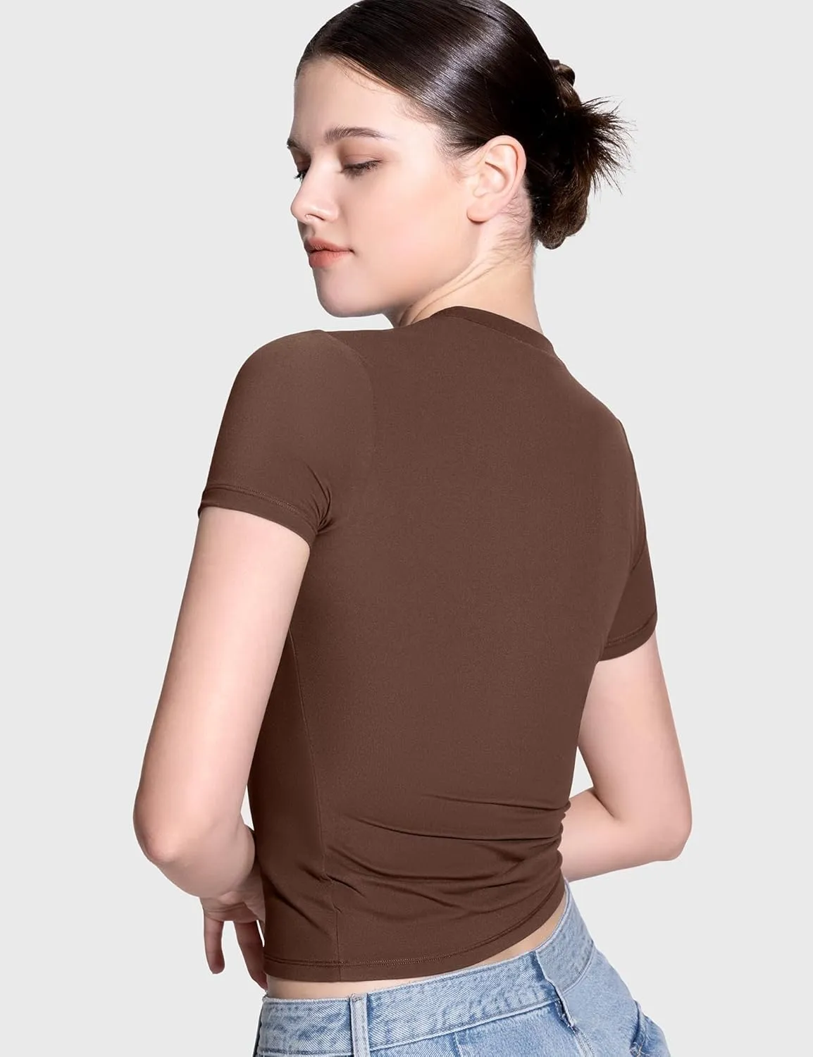 PUMIEY Women's Crew Neck Short Sleeve Tops Double Lined Slim Fit T Shirts Basic Tee Smoke Cloud Pro Collection