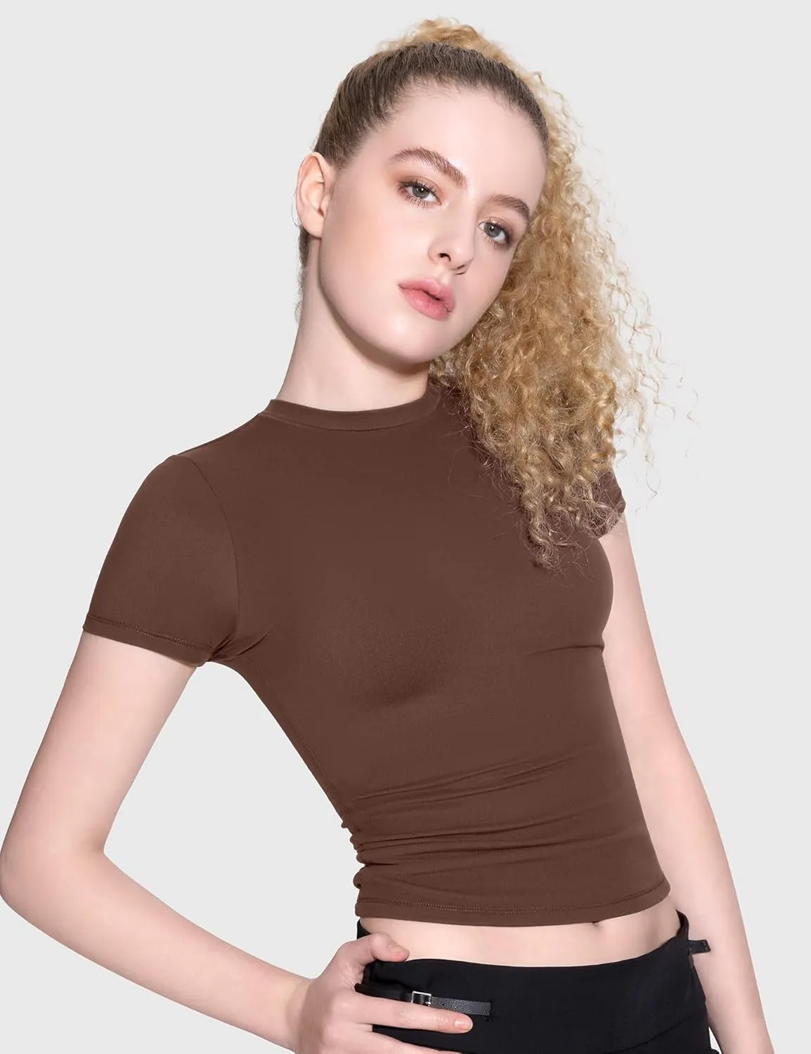 PUMIEY Women's Crew Neck Short Sleeve Tops Double Lined Slim Fit T Shirts Basic Tee Smoke Cloud Pro Collection