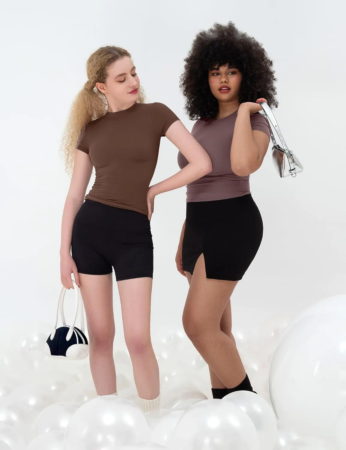 PUMIEY Women's Crew Neck Short Sleeve Tops Double Lined Slim Fit T Shirts Basic Tee Smoke Cloud Pro Collection
