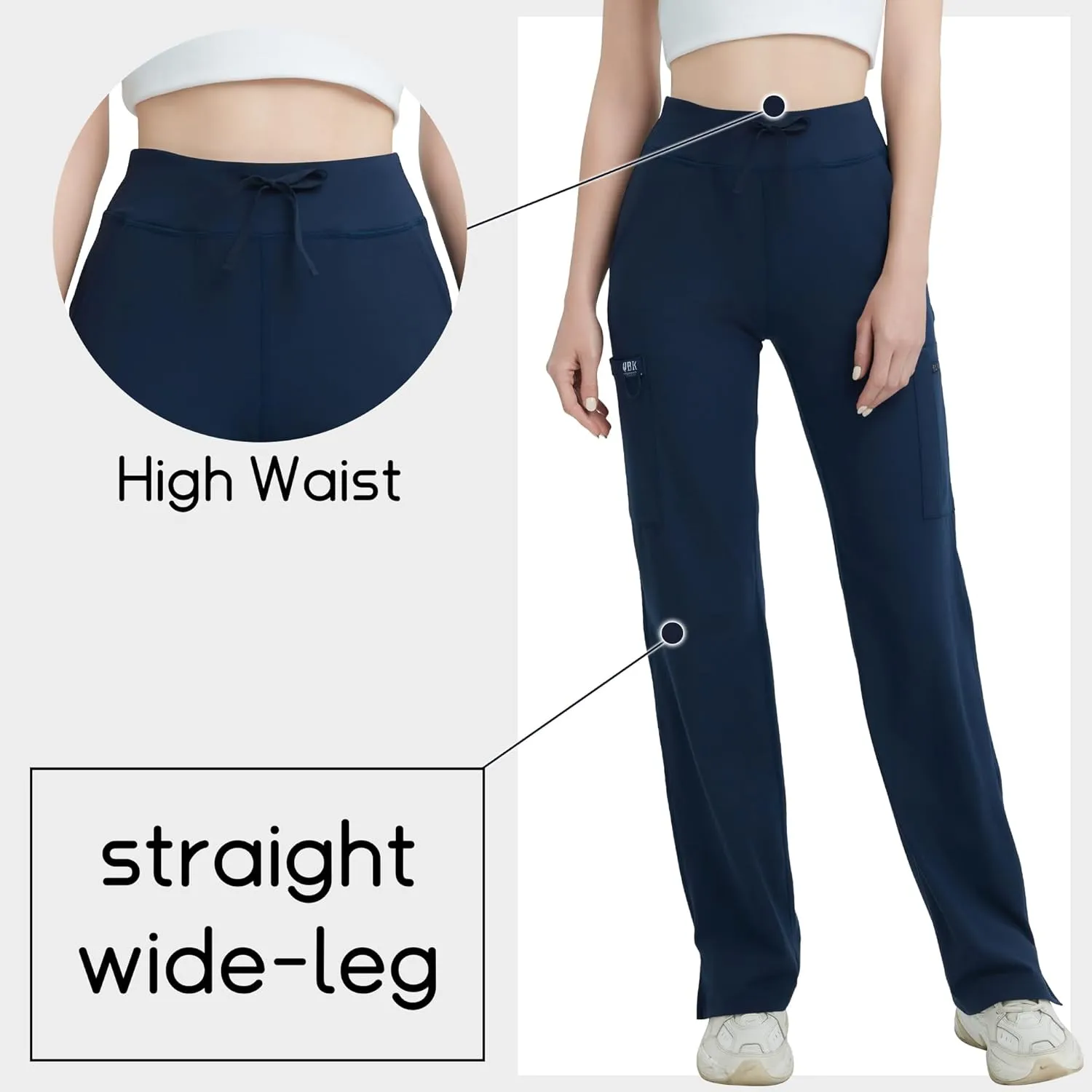 QBK High Rise Yoga Scrub Pants Women - Straight Wide Leg Uniform Pants with Cargo Pocket, Anti-Wrinkle & Knit Yoga Waistband