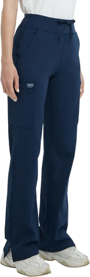 QBK High Rise Yoga Scrub Pants Women - Straight Wide Leg Uniform Pants with Cargo Pocket, Anti-Wrinkle & Knit Yoga Waistband