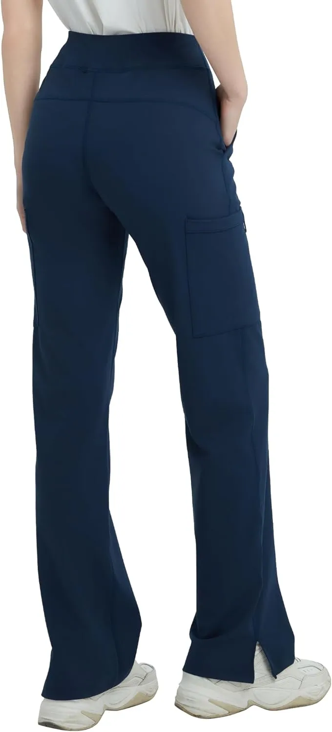 QBK High Rise Yoga Scrub Pants Women - Straight Wide Leg Uniform Pants with Cargo Pocket, Anti-Wrinkle & Knit Yoga Waistband