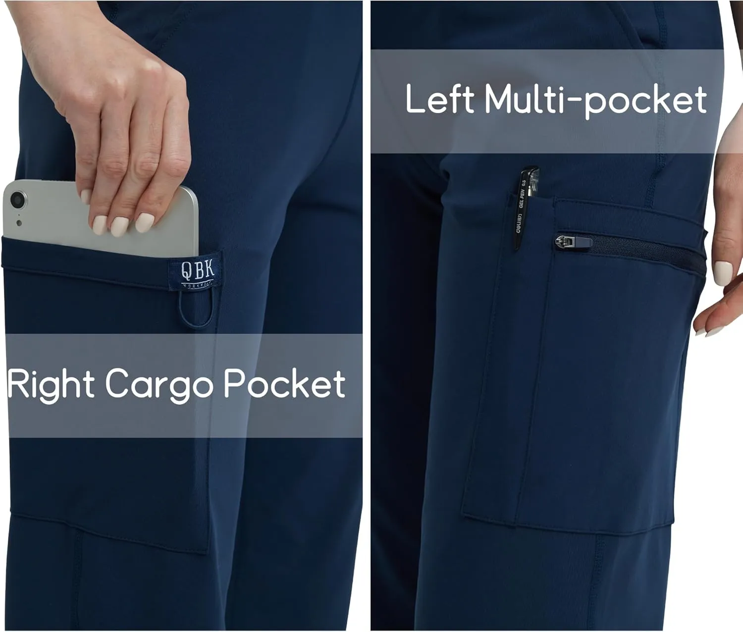 QBK High Rise Yoga Scrub Pants Women - Straight Wide Leg Uniform Pants with Cargo Pocket, Anti-Wrinkle & Knit Yoga Waistband