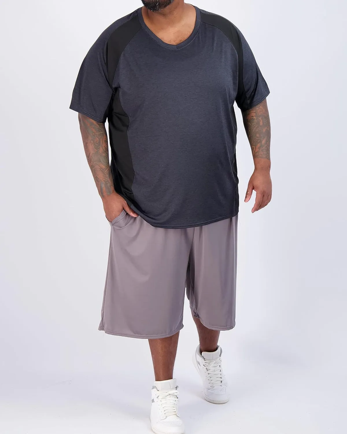 Real Essentials 3 Pack: Mens Big & Tall V-Neck Short-Sleeve Tech Stretch Dry-Fit T-Shirt (3X Tall-5X Tall)
