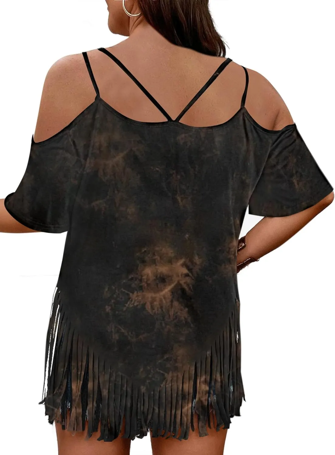 Remidoo Fringe Tops for Womens Bell Short Sleeve Sexy V Neck Oversized T Shirt