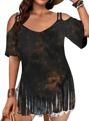 Remidoo Fringe Tops for Womens Bell Short Sleeve Sexy V Neck Oversized T Shirt