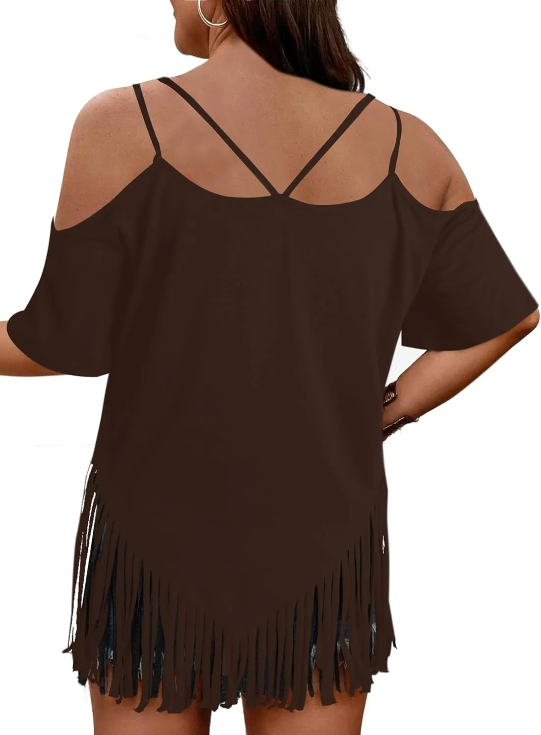 Remidoo Fringe Tops for Womens Bell Short Sleeve Sexy V Neck Oversized T Shirt