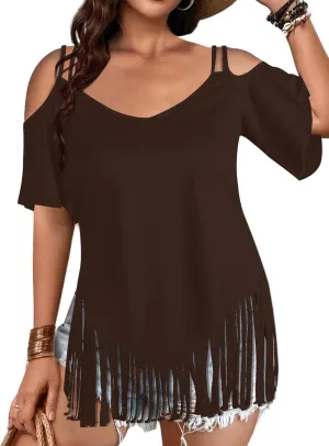 Remidoo Fringe Tops for Womens Bell Short Sleeve Sexy V Neck Oversized T Shirt