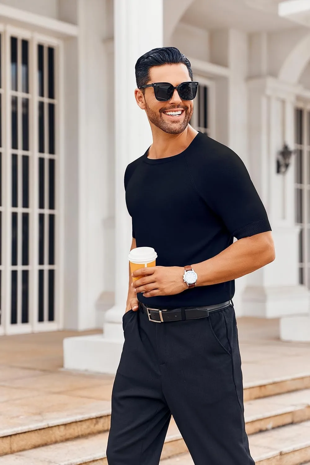 Runcati Mens Casual T Shirt Stretch Short Sleeve Knit Slim Fit Crew Neck Pullover Sweater Solid Basic Tops
