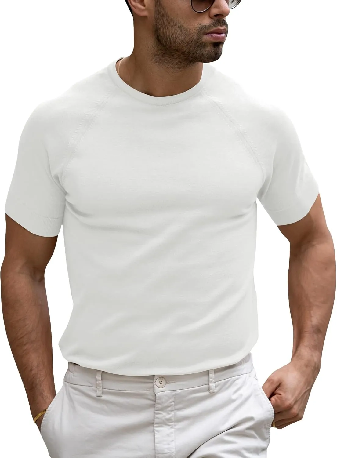 Runcati Mens Casual T Shirt Stretch Short Sleeve Knit Slim Fit Crew Neck Pullover Sweater Solid Basic Tops