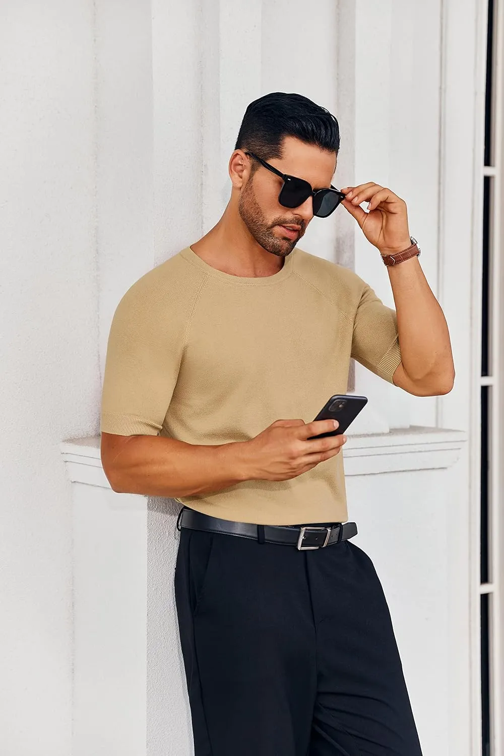 Runcati Mens Casual T Shirt Stretch Short Sleeve Knit Slim Fit Crew Neck Pullover Sweater Solid Basic Tops