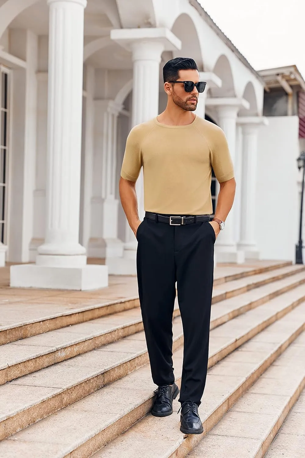 Runcati Mens Casual T Shirt Stretch Short Sleeve Knit Slim Fit Crew Neck Pullover Sweater Solid Basic Tops
