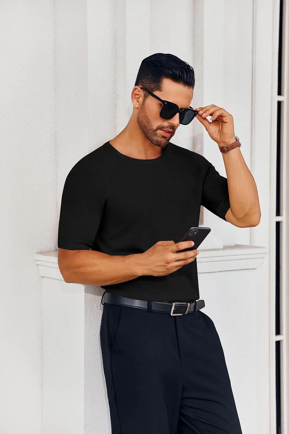 Runcati Mens Casual T Shirt Stretch Short Sleeve Knit Slim Fit Crew Neck Pullover Sweater Solid Basic Tops