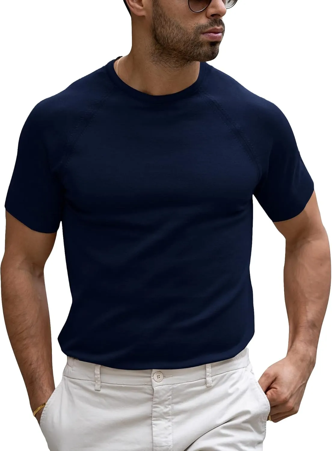 Runcati Mens Casual T Shirt Stretch Short Sleeve Knit Slim Fit Crew Neck Pullover Sweater Solid Basic Tops