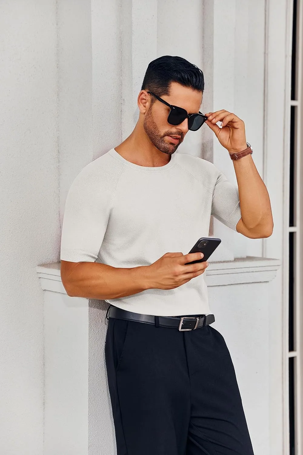 Runcati Mens Casual T Shirt Stretch Short Sleeve Knit Slim Fit Crew Neck Pullover Sweater Solid Basic Tops