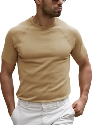 Runcati Mens Casual T Shirt Stretch Short Sleeve Knit Slim Fit Crew Neck Pullover Sweater Solid Basic Tops
