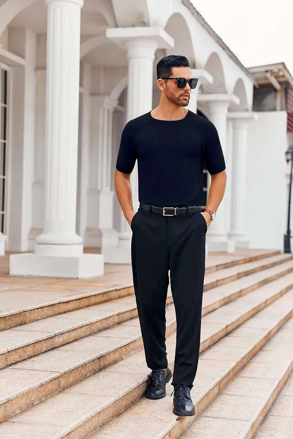 Runcati Mens Casual T Shirt Stretch Short Sleeve Knit Slim Fit Crew Neck Pullover Sweater Solid Basic Tops