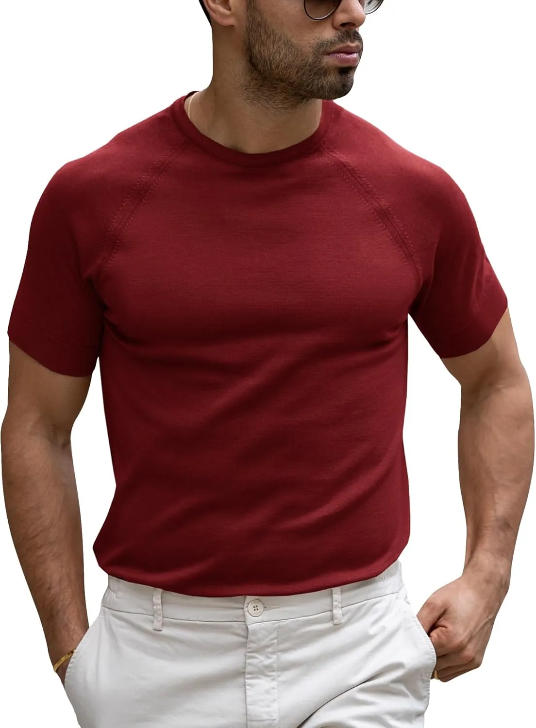 Runcati Mens Casual T Shirt Stretch Short Sleeve Knit Slim Fit Crew Neck Pullover Sweater Solid Basic Tops