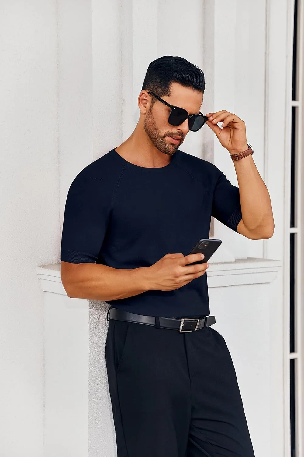 Runcati Mens Casual T Shirt Stretch Short Sleeve Knit Slim Fit Crew Neck Pullover Sweater Solid Basic Tops