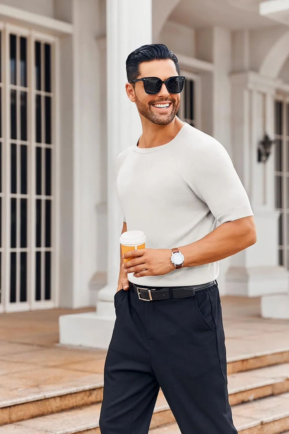 Runcati Mens Casual T Shirt Stretch Short Sleeve Knit Slim Fit Crew Neck Pullover Sweater Solid Basic Tops