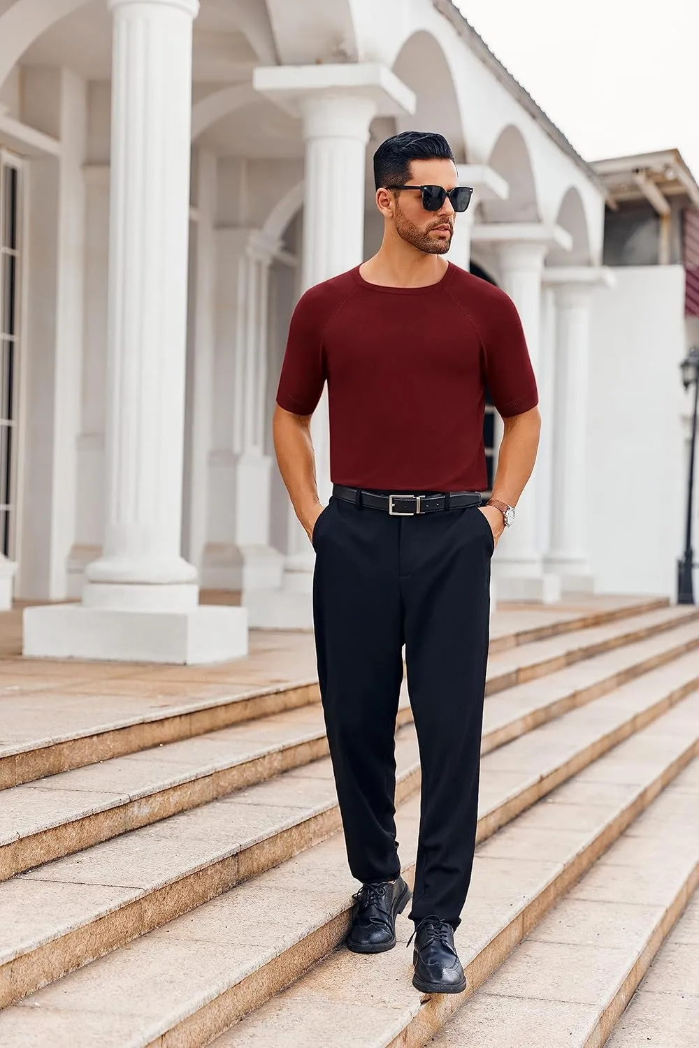 Runcati Mens Casual T Shirt Stretch Short Sleeve Knit Slim Fit Crew Neck Pullover Sweater Solid Basic Tops