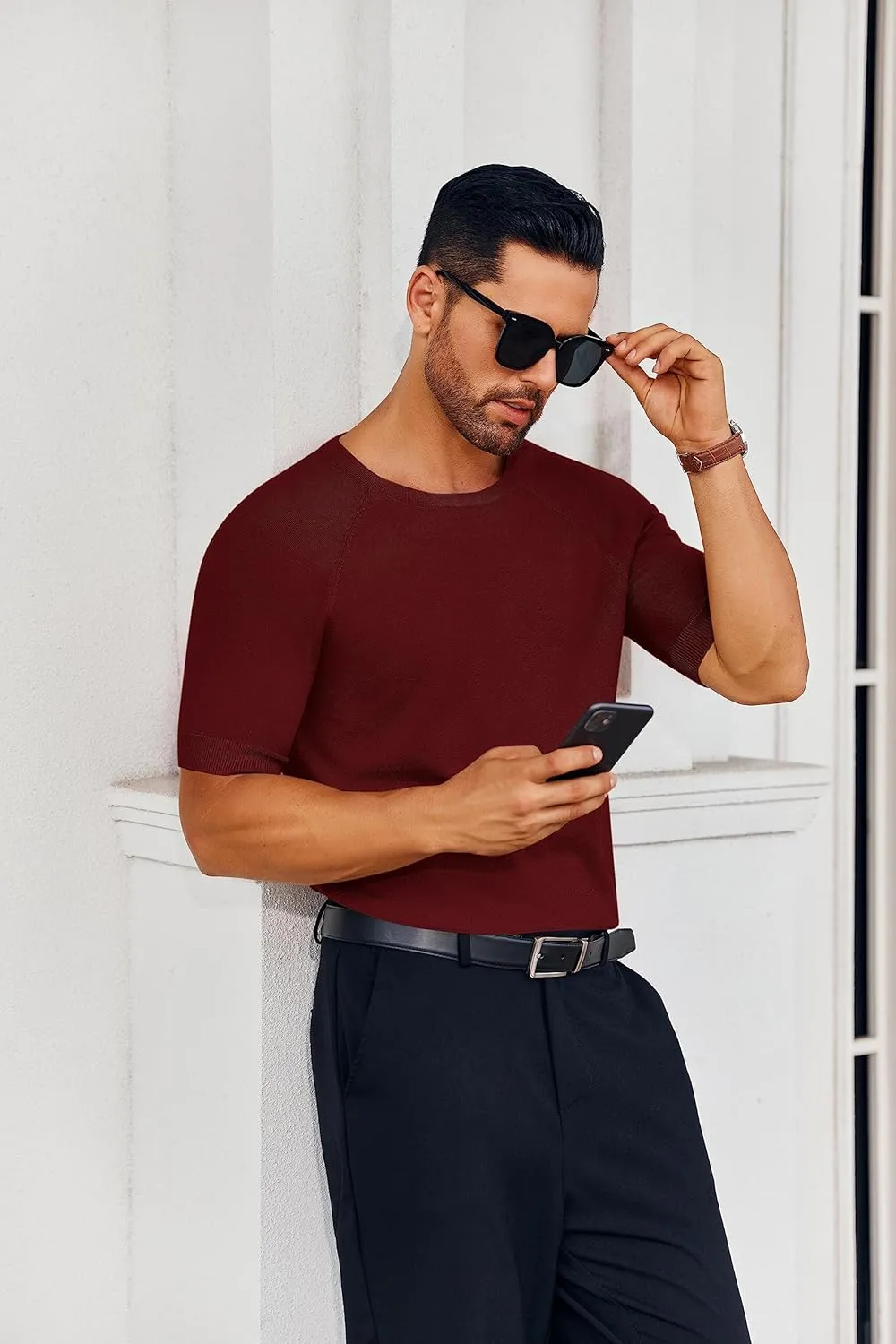 Runcati Mens Casual T Shirt Stretch Short Sleeve Knit Slim Fit Crew Neck Pullover Sweater Solid Basic Tops