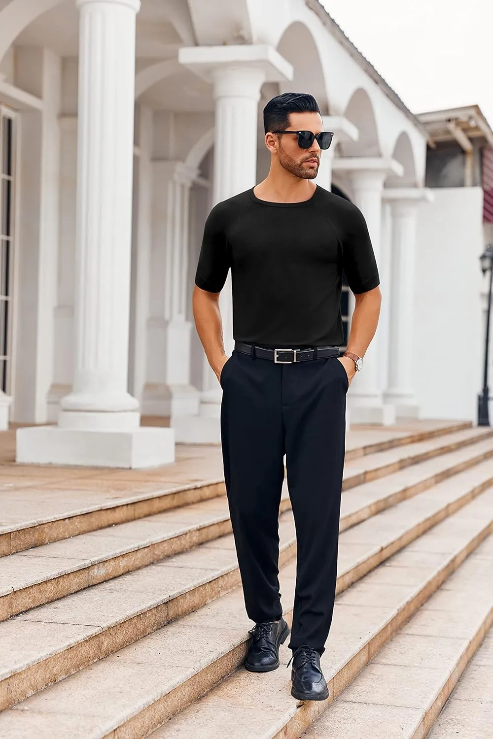 Runcati Mens Casual T Shirt Stretch Short Sleeve Knit Slim Fit Crew Neck Pullover Sweater Solid Basic Tops