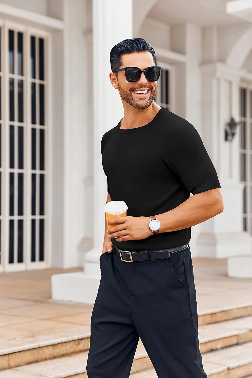 Runcati Mens Casual T Shirt Stretch Short Sleeve Knit Slim Fit Crew Neck Pullover Sweater Solid Basic Tops