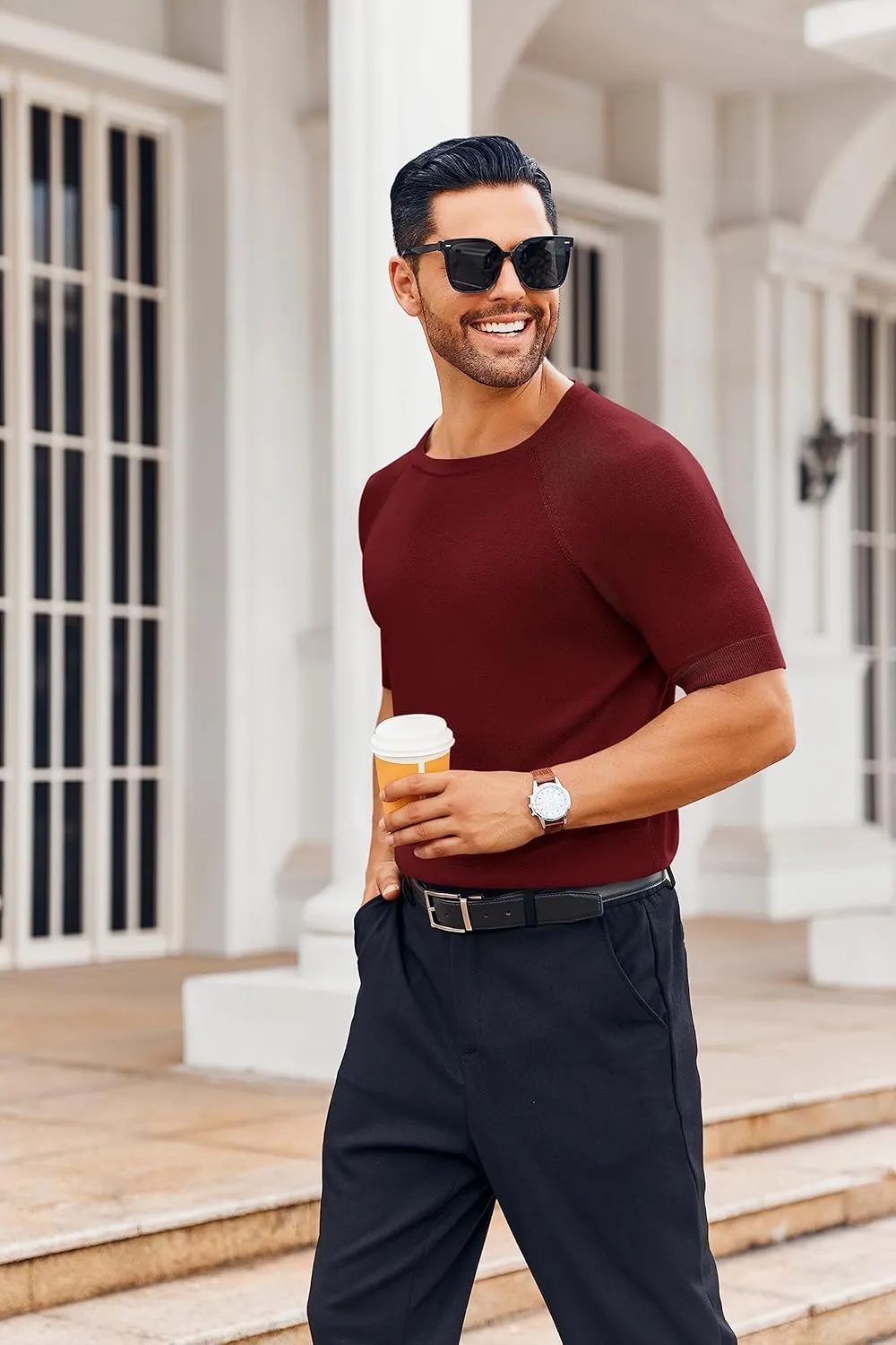 Runcati Mens Casual T Shirt Stretch Short Sleeve Knit Slim Fit Crew Neck Pullover Sweater Solid Basic Tops