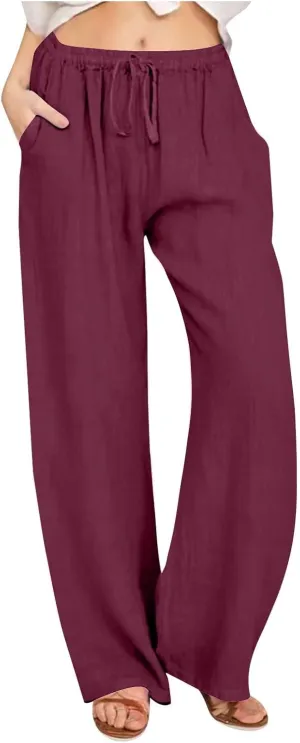 Ruziyoog Women's Cotton Linen Pants Summer Drawstring Waist Wide Leg Lounge Palazzo Pants Casual Loose Yoga Trousers